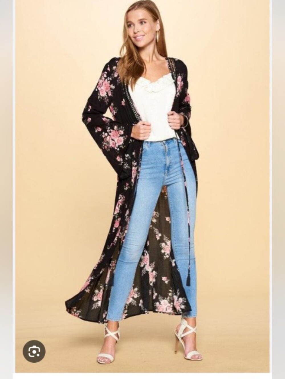 ODDY Black Floral Lace-Trim Kimono Duster with Pink Blooms